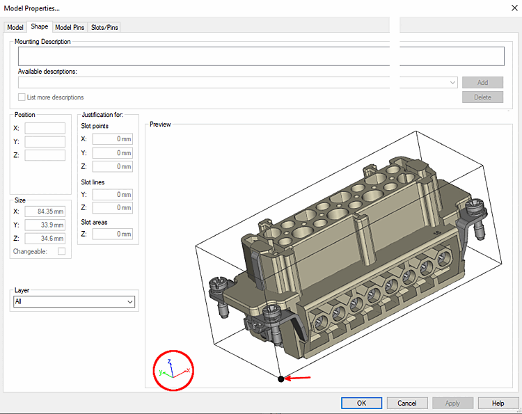 Model Properties - Correct orientation of axes and marked connection point