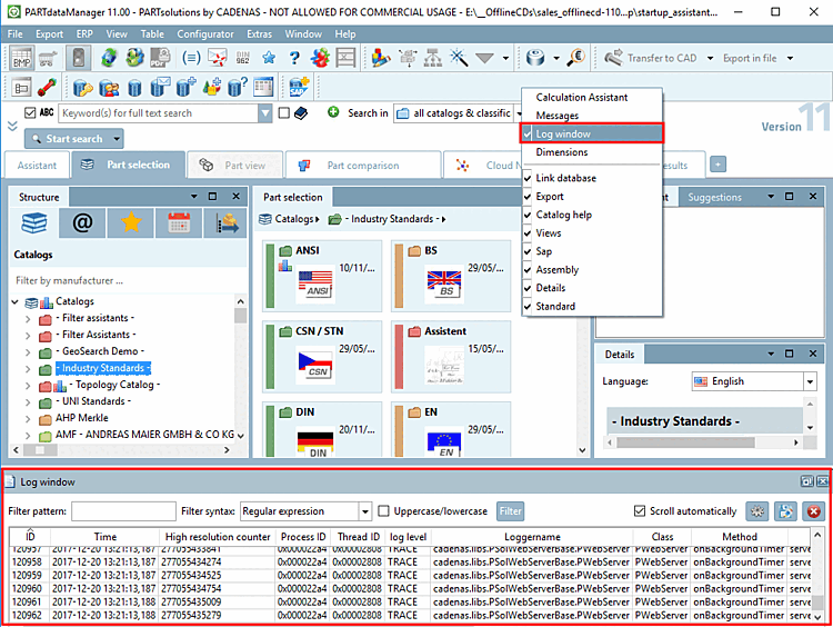 Example PARTdataManager: Log window Log window