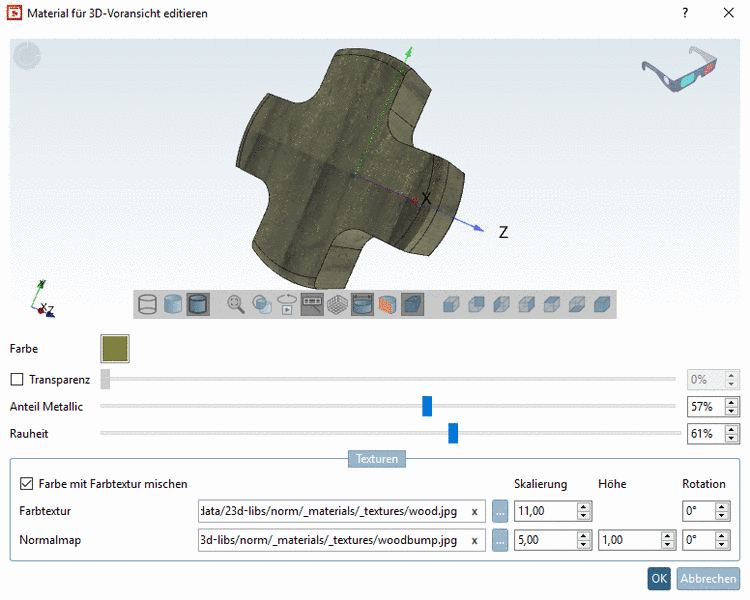 Dialog box "Edit material for 3D preview" - Using Color texture and Normalmap