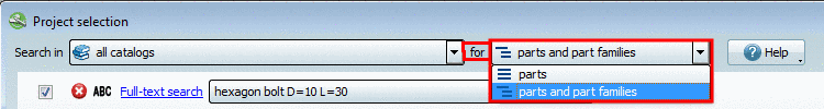 Search for parts or parts and part families