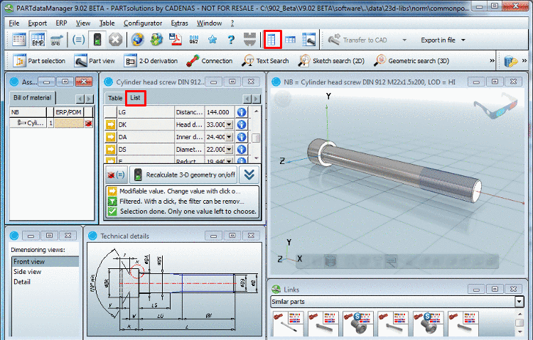 List view of parameters