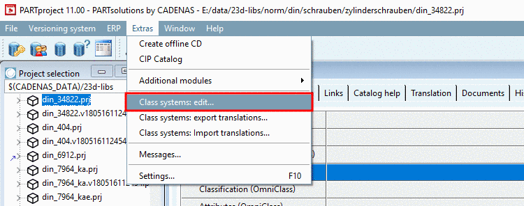 Menu: Extras -> Edit Class systems...
