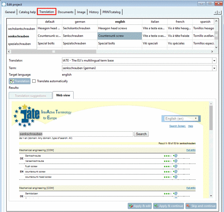 Example with "Translation" tab page