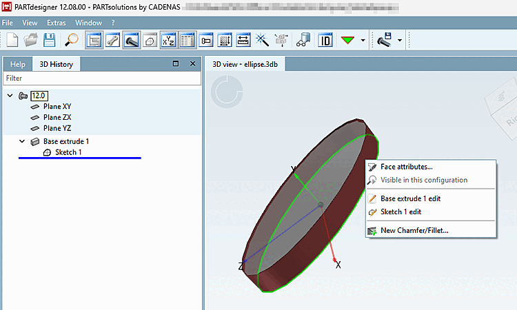 Docking window "3D view" Context menu on the side wall of an ellipse