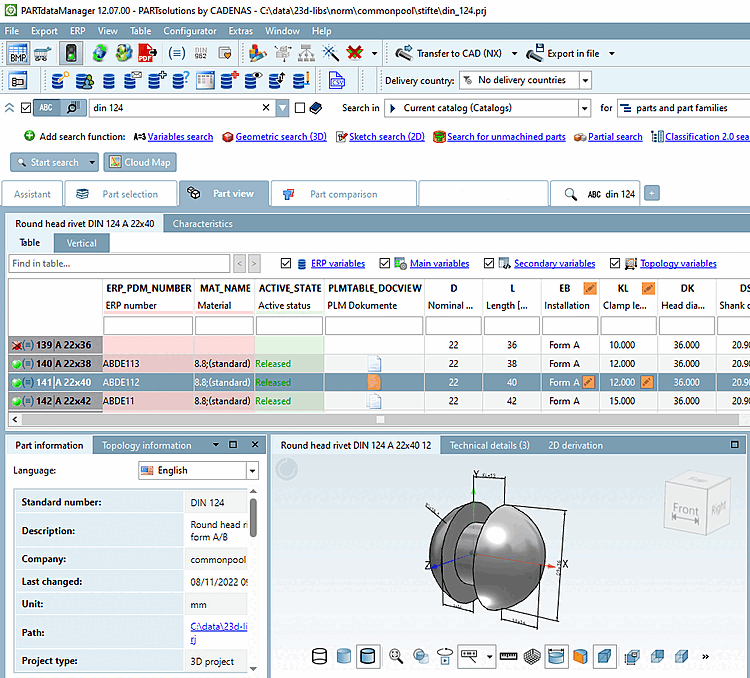 Icons in the characteristic attribute table signalize the existence of CAD documents