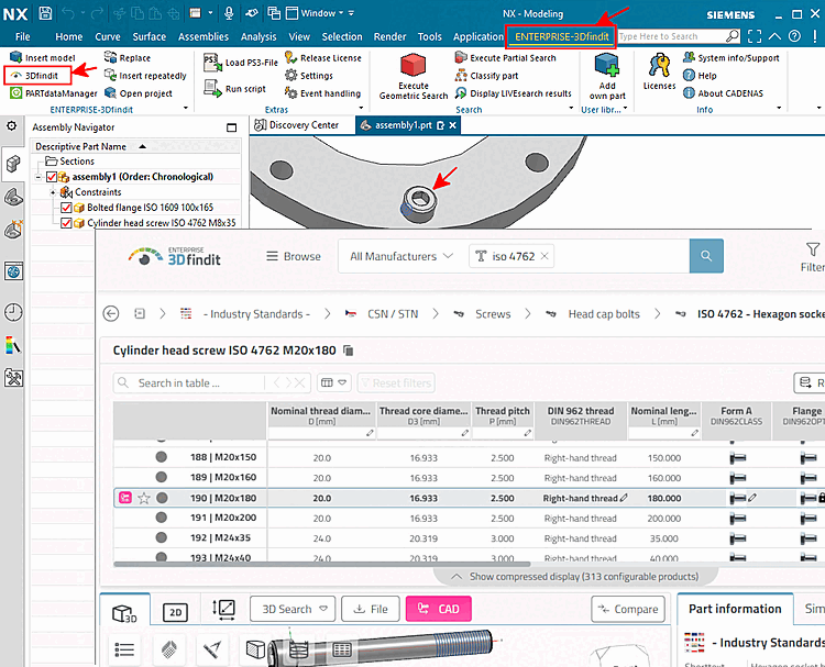 Call up 3Dfindit via menu item "ENTERPRISE-3Dfindit" -> sub-item "3Dfindit" and export part to CAD