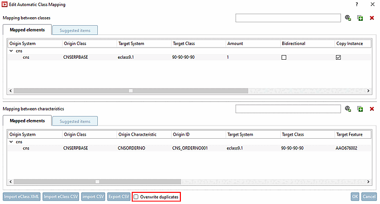 PARTproject > "Extras [Extras]" menu > Automatic class mapping: Edit... [Automatic class mapping: edit...]