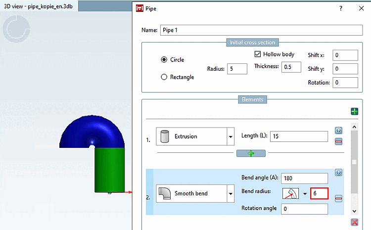 Bending radius [Bend radius] 6 with a bending angle [Bend angle] of 180°