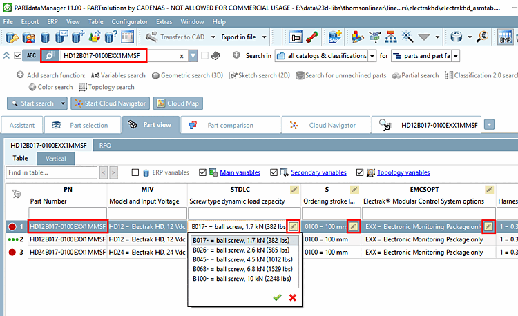 Example project with many value range variables, which build up the part number
