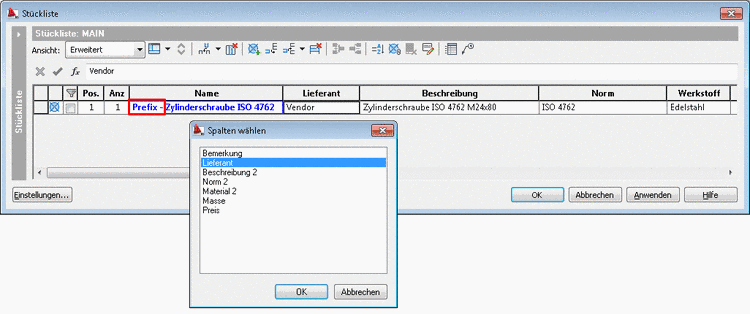 BOM list attribute "Name" now with "Prefix"