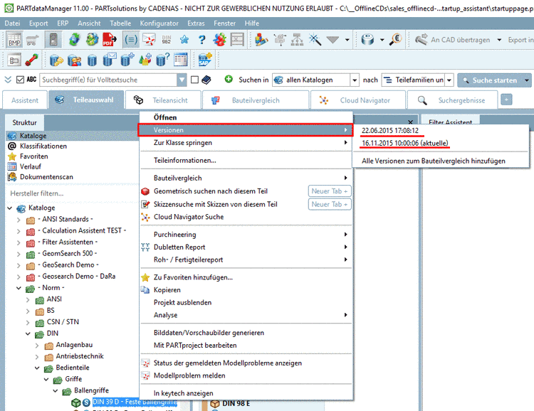 PARTdataManager -> Context menu of projects -> Versions