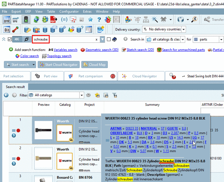 When searching for "schraube" in an English user interface, in the expanded view, you can see where the hit occurred.