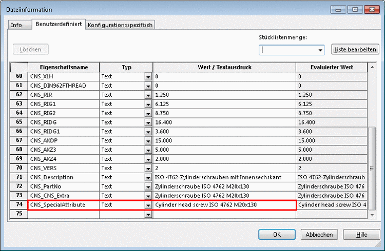 Dialog box "File information" -> Tabbed page "Custom"