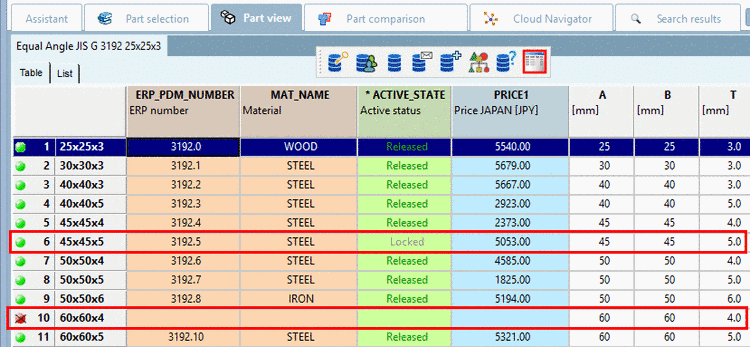 Preferred rows off, all rows are displayed: Row 6 and 10 do not meet the preferred rows condition and so are hidden when the function is activated.. See next figure.