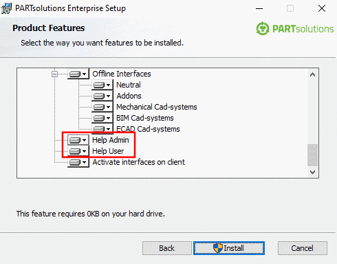 Selection of help in installer (here, exemplified with PARTsolutions Enterprise Setup)