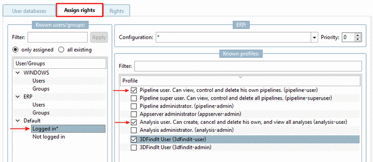 "Assign rights" tabbed page (only assigned)