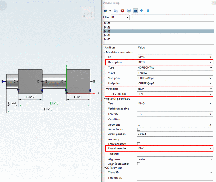 Here in this example you can see that the offset "DIM3" refers to the base dimension "DIM1".