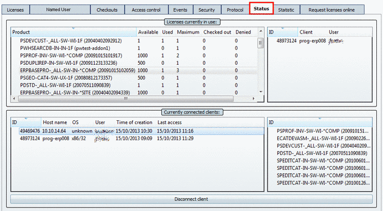 "Status" tabbed page