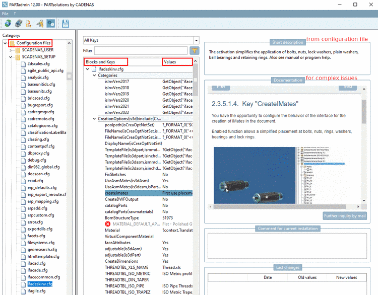 The figure shows the Category "Configuration files" with a selected configuration file under "$CADENAS_SETUP".