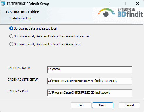 Destination Folder (2nd dialog) --- In the figure CADENAS DATA is adapted as an example.