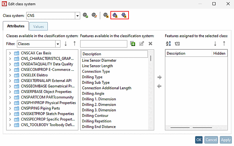 Edit Classification System [Edit class system]" dialog box with the two new buttons Export translations in the classification system... [Export translations in the class system...] and Import translations in the class system...