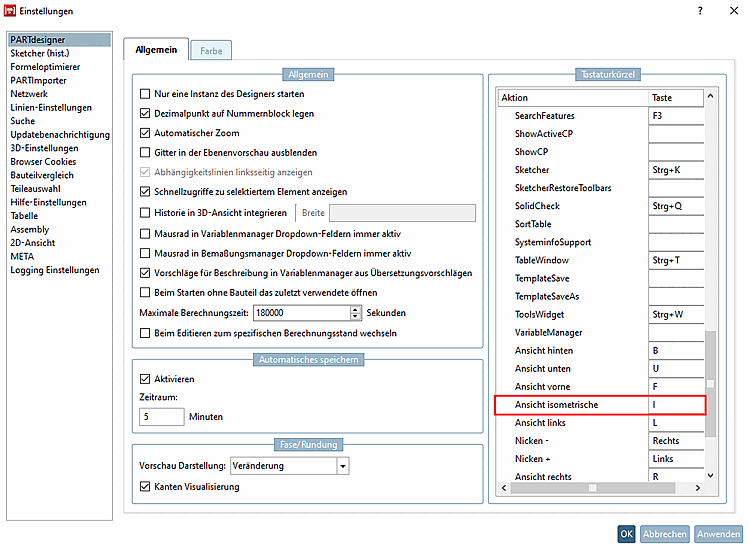 Setting in PARTdesigner > Extras menu > Settings... > PARTdesigner menu item > Tabbed page General > Keyboard shortcuts