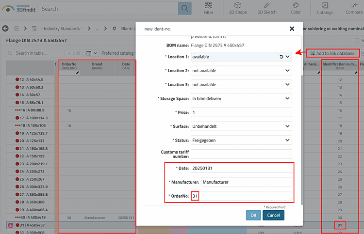 3Dfindit > "Add to link database [Add to link database]" button > "New ident number [new ident-no.]" dialog