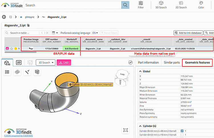 3Dfindit parts view [Part view] - characteristics table with data from ERP/PLM and CAD