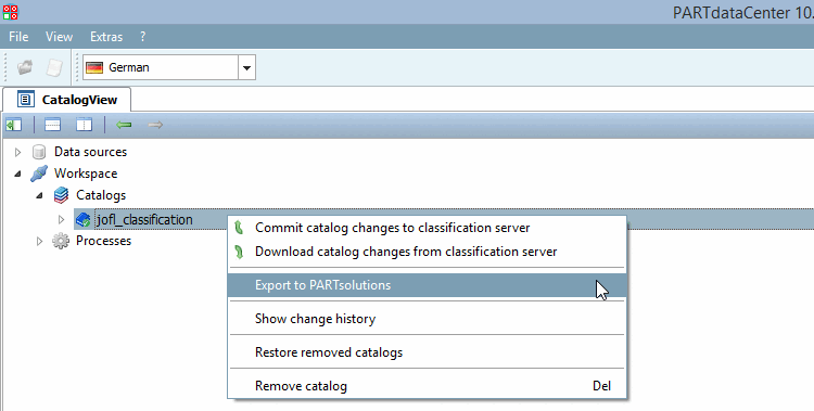 The "Export to PARTsolutions " command is only displayed if the value "export" is set in the "catalogs" key (on the server).
