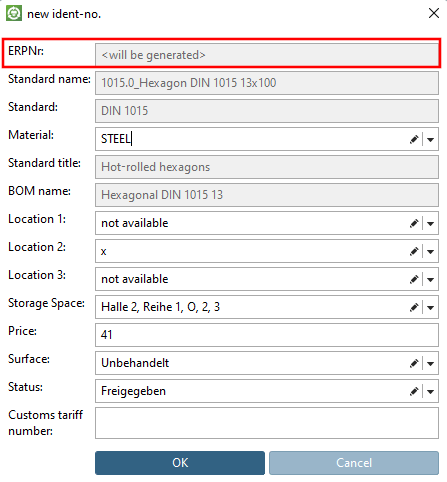 PARTdataManager: Add record to link database [Add dataset to link database]: A field for the ERP number is automatically added to the basic dialog.