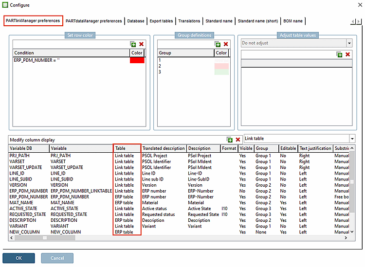 In PARTlinkManager under "Extra [Extras]" menu → "Configure ERP environment [Configure ERP environment]" → "PARTlinkManager settings [PARTlinkManager preferences]" tab you can see the table for the individual variables.
