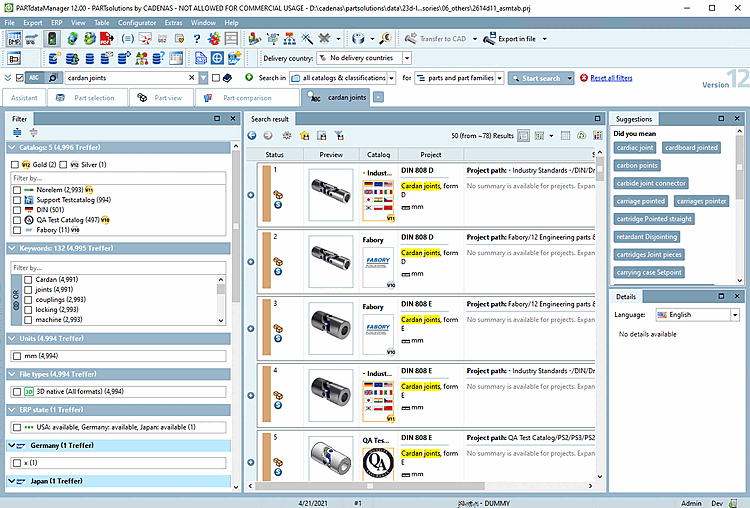 PARTdataManager with tabbed page for "Search results"