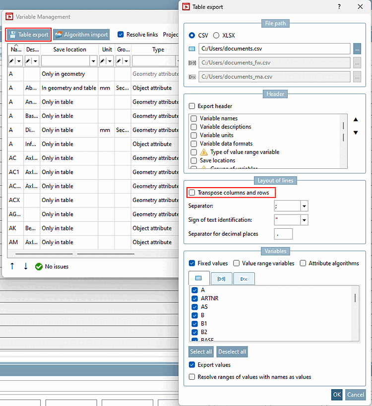 Table export from the variable management [Variable Management]