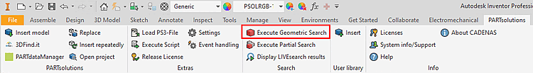 CAD menu -> Perform geometric search [Execute Geometric Search]