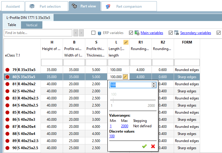 PARTdataManager example: Value range "from - to" with insertion with input of discrete values or selection via slider