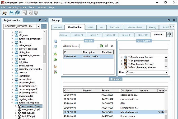 The same project shows a mapping from "Mapped elements [Mapped elements]" in ECLASS 9.1