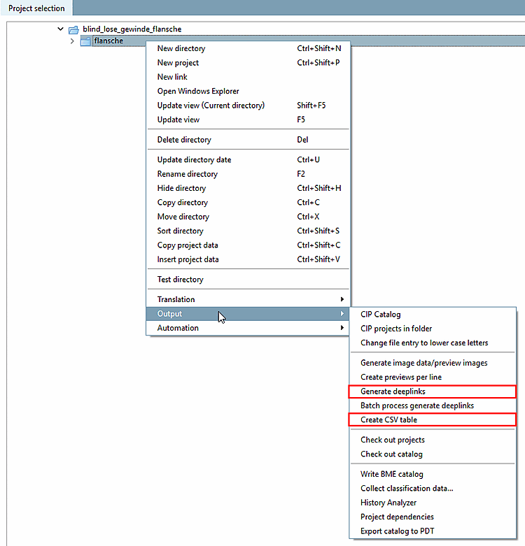 Context menu commands "Create deep links [Generate deeplinks]" and "Create CSV table [Create CSV table]"