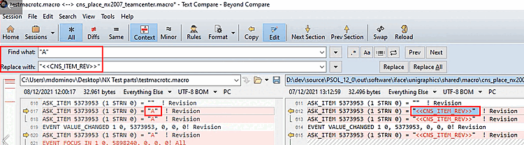 "<<CNS_ITEM_REV>>" replaces concrete occurrences of revision in the recorded macro.