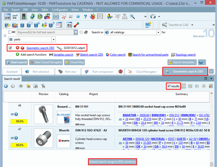In this figure the button shows the value "Extend search range to 80% similarity". The default value for minimum similarity has been 90%. Using standard settings the percent value is reduced by 10 percent points per click and the search is started again.