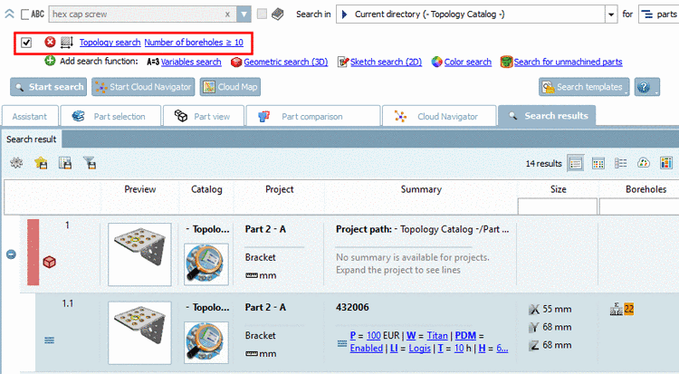 In this example a Topology search with "Boreholes >=10" has been performed. The number of boreholes is displayed in the respective column.