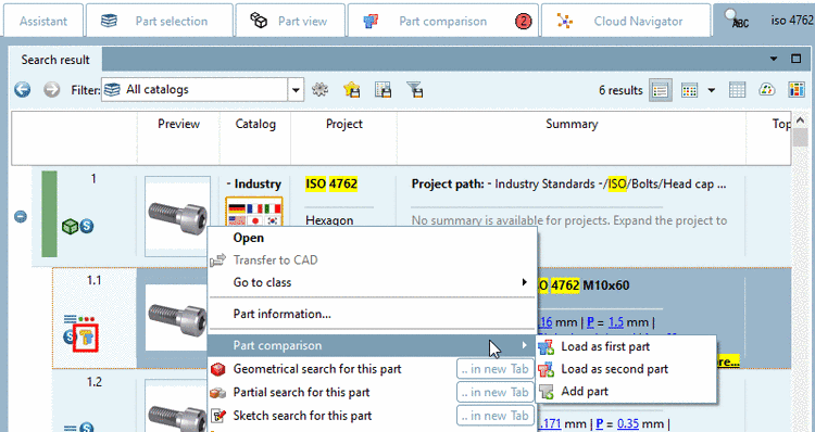 At lines which have been added to the part comparison the respective icon is displayed.