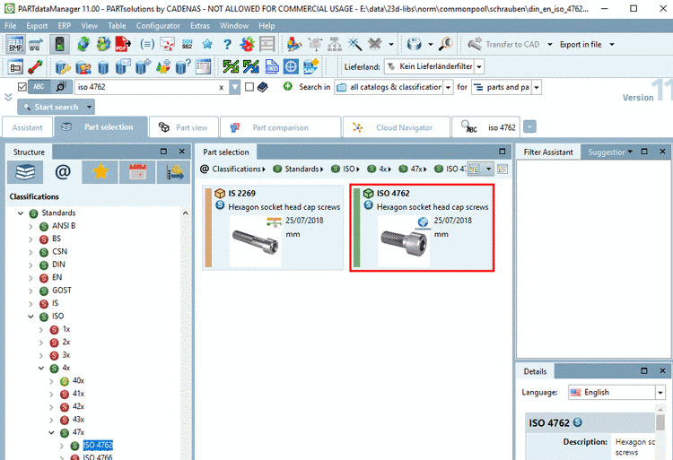 Result after clicking on the classification in the window "Part information"
