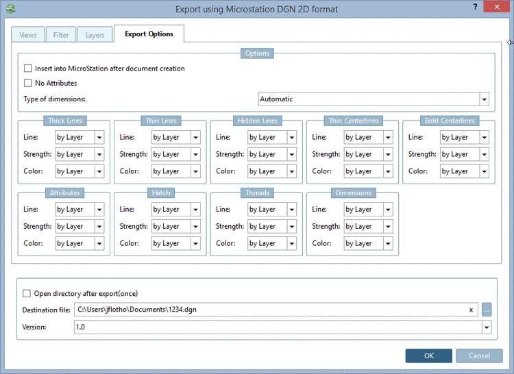Tabbed page "Export options" - Microstation DGN 2D
