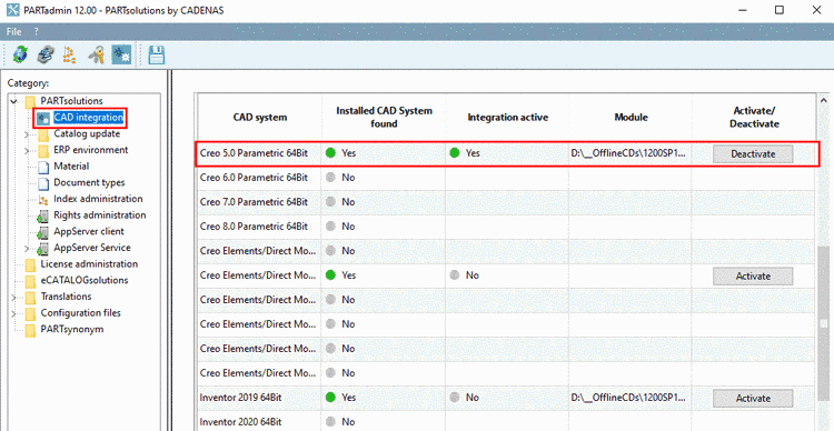 Example: The integration of "Creo 5.0 Parametric 64 Bit" is active.