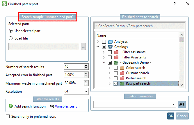 Search finished parts for unmachined part