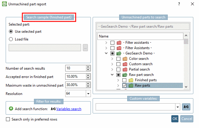 Search unmachined parts for finished part