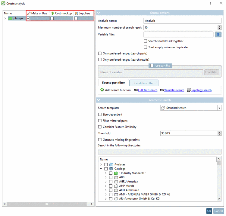 Dialog box "Create analysis": "Make-or-Buy" exemplarily activated