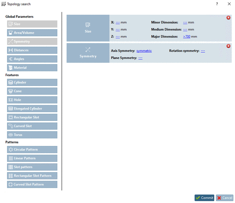 Topology search: setting for size and symmetry