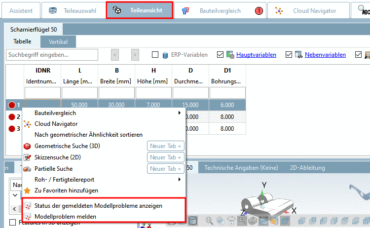 Context menu commands "Show status of reported model problems" and "Report model problem" in the table