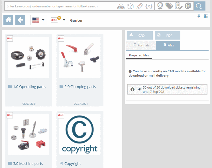 Exemplarily, first directory level after selection of Ganter catalog